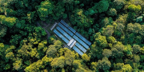 Solar Panel Array in Lush Green Forest