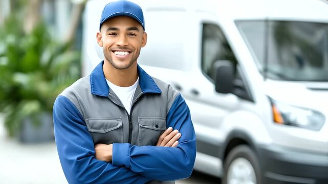 Friendly delivery driver proudly by his van in gentle daylight