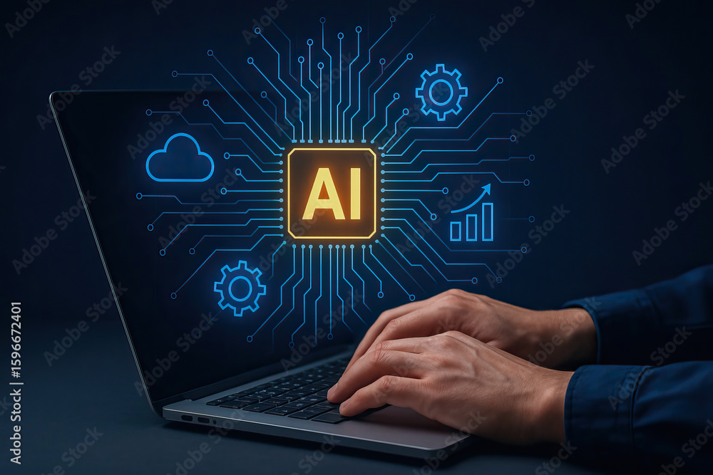Poster artificial intelligence concept with glowing ai chip and digital icons on laptop screen, hands typin