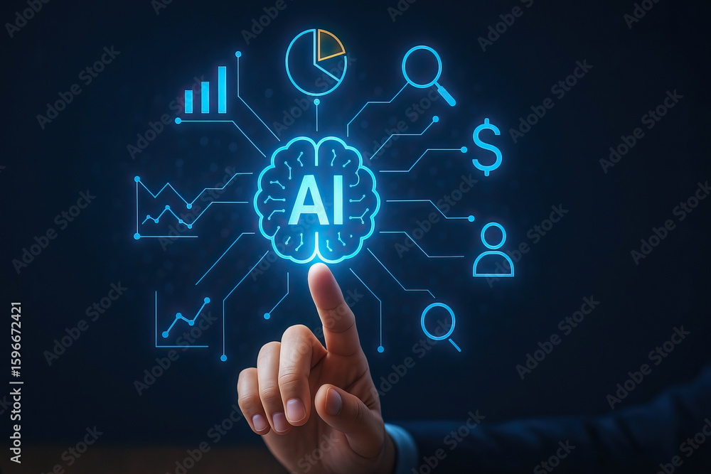 Aufkleber artificial intelligence concept with glowing brain icon and data analytics symbols, finger pointing 