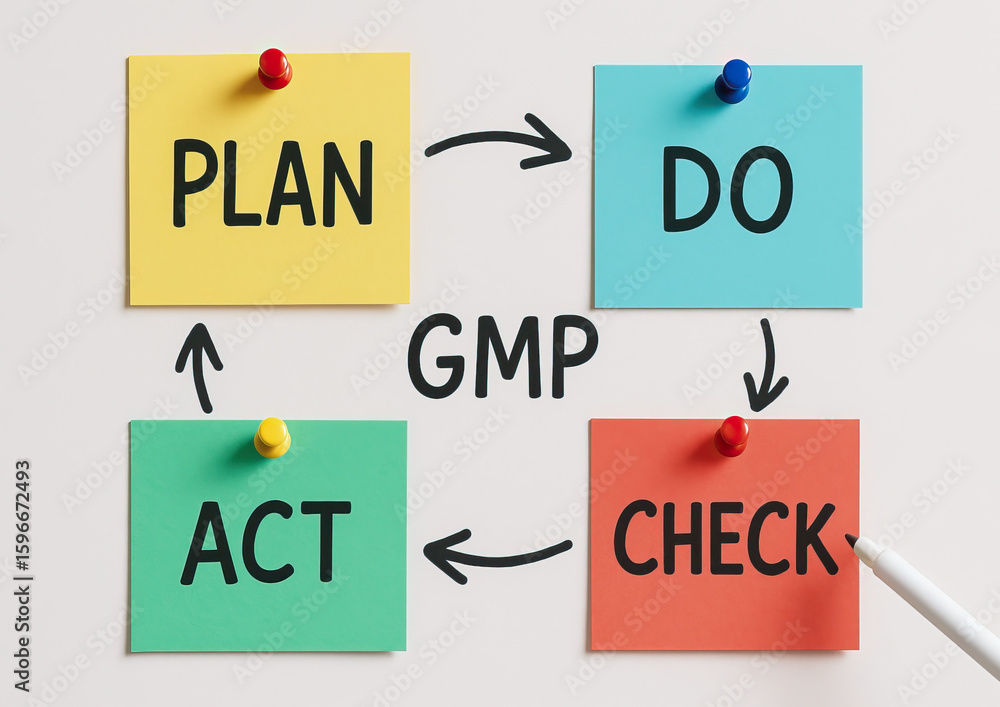 Poster gmp cycle concept with colorful sticky notes showing plan, do, check, act steps pinned on white boar