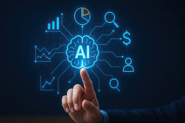 Artificial intelligence concept with glowing brain icon and data analytics symbols, finger pointing on digital interface, futuristic technology and innovation background