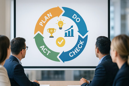 Business team watching presentation with plan do check act cycle chart on screen, teamwork concept for continuous improvement and project management success