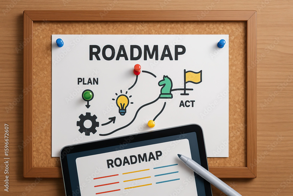 Poster roadmap concept with plan and act steps pinned on corkboard and digital tablet with stylus showing r