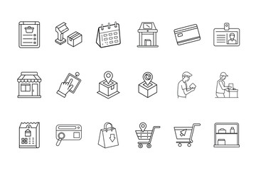 Set outline icons for online shopping delivery services cart click