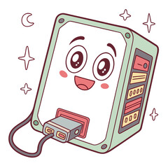 A cute computer power supply unit with a plug and socket