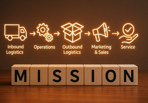 Mission concept with wooden blocks and glowing icons representing inbound logistics, operations, outbound logistics, marketing and sales, and service in warm setting - Powered by Adobe