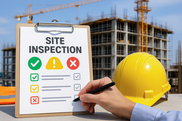 Site inspection checklist on clipboard with hand holding pen and yellow safety helmet on construction site background, safety and quality control concept