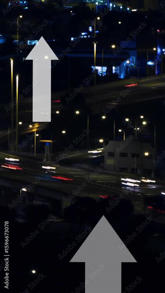 Poster animation of multiple up arrows over time lapse of moving vehicles on bridge in city