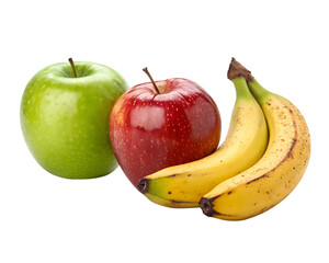 Juicy yellow banana alongside ripe red and green apples on a plain white backdrop
