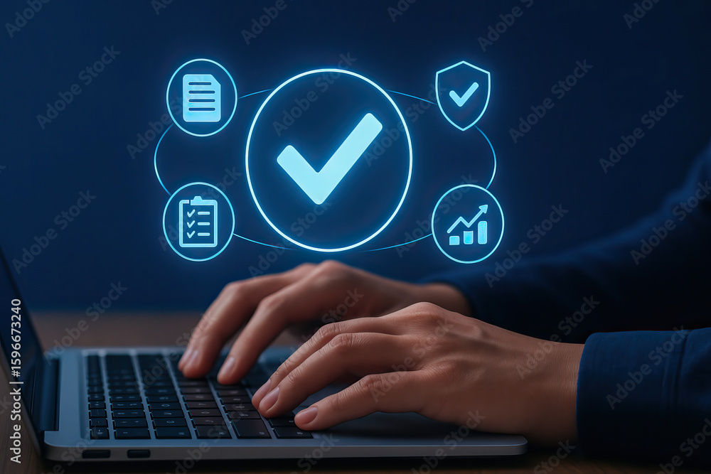 Poster quality assurance concept with hands typing on laptop keyboard and glowing checkmark icons represent