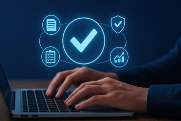 Quality assurance concept with hands typing on laptop keyboard and glowing checkmark icons representing verification, security, and data analysis in blue tone