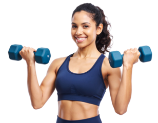 Gym Woman Doing Bicep Curls with Dumbbells – Front View, Transparent Background PNG