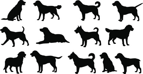 Dog breed silhouettes, black vector set, pet illustration, animal graphic design, canine species variety, minimal style, domestic dog collection