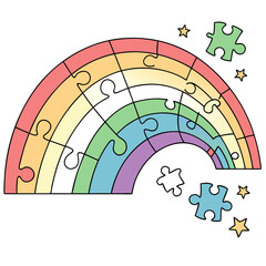 A colorful rainbow made of puzzle pieces with stars