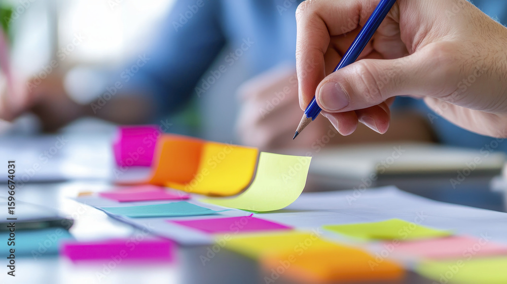 Poster creative brainstorming session with colorful sticky notes and pen, showcasing collaboration and orga