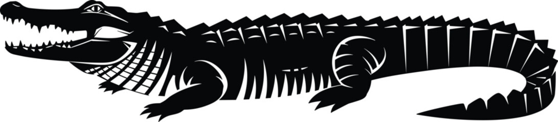 Alligator silhouette, detailed reptile vector, nature illustration, wildlife animal, predator graphic, educational design, open mouth, strong jaw, black and white