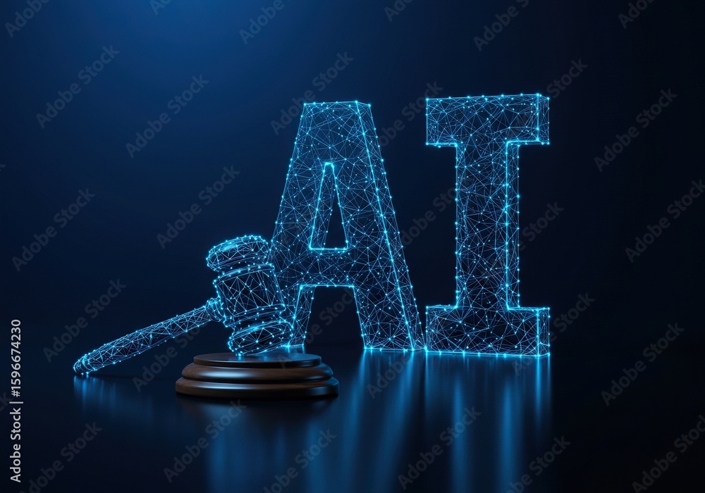 Fototapete artificial intelligence and law concept with glowing ai text and gavel