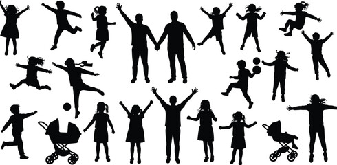Happy children silhouettes playing, jumping, dancing, running, with parents, family fun outdoor activity, stroller, childhood joy, energetic kids illustration