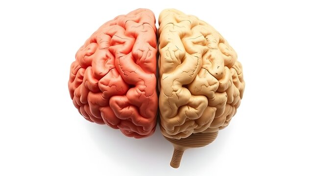 Illustration of a human brain divided into hemispheres, representing emotion and logic with warm colors.