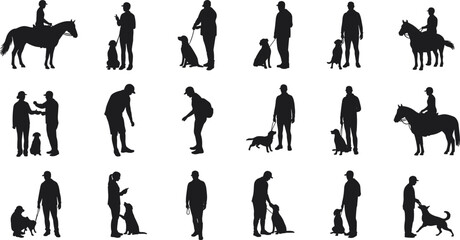 Human and animal silhouettes, horse riding, dog walking, pet companionship, outdoor activity, black vector design, animal care, bonding moments
