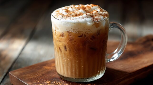 Close-up of iced latte with foam and cinnamon dust in glass mug