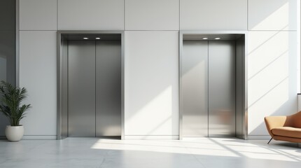 Modern office lobby with closed elevator doors, bright minimalist interior design concept.

