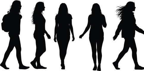 Silhouette of five people walking, diverse poses, isolated on white background, shadow figures, human movement, stock photo, versatile use