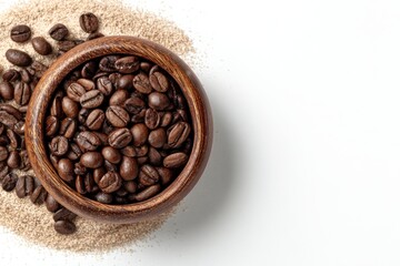 Coffee Bean in Bowl with Sand on White Background