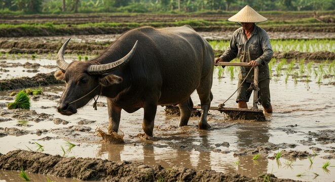 Farmer and Water Buffalo Plowing Rice Paddy Field in Southeast Asia