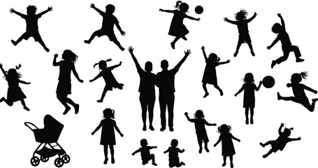 Silhouettes of children playing, running, jumping, joyful fun, family bonding moments, active kids with stroller, carefree energy, outdoor happiness