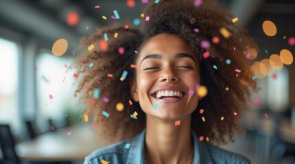 Joyful woman's face close-up with colorful confetti falling, celebrating in an office.

