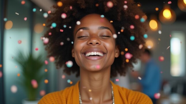 Joyful woman's face close-up with colorful confetti falling, celebrating in an office.

 - Powered by Adobe