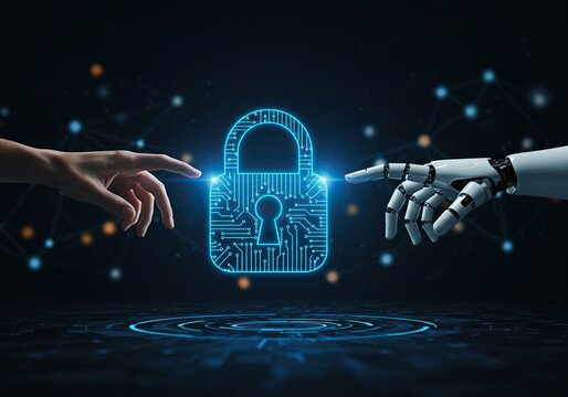 Human and ai hands touching digital padlock, symbolizing cybersecurity