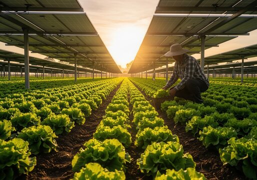 Farmer harvests lettuce rows under solar panels during golden hour