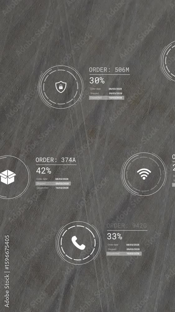 Poster animation of network of icons and data processing over landscape