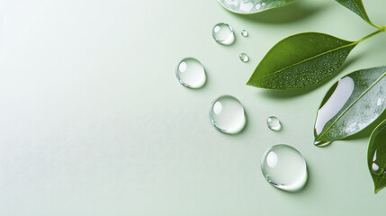 Fresh green leaves with water droplets on soft pastel background create serene and calming atmosphere, perfect for nature lovers