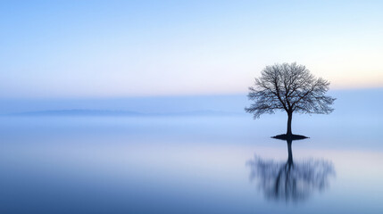 serene landscape featuring solitary tree standing in calm water, surrounded by mist and soft blue hues, evokes tranquility and peace