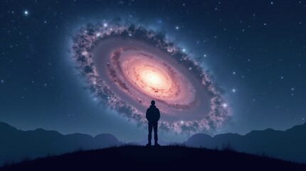 Obraz premium Silhouette of man on hilltop looking at bright galaxy, vibrant cosmic night sky.
