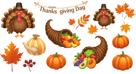 Photo of a collection of thanksgiving elements including turkeys, cornucopias, pumpkins, and leaves for a festive design isolated on transparent background