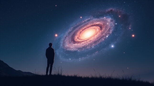 Silhouette of man on hilltop looking at bright galaxy, vibrant cosmic night sky.

