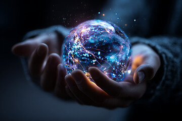 Hands holding glowing orb, representing technology, energy, and innovation concept