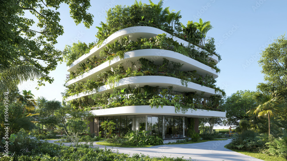 Poster modern sustainable architecture features lush greenery and innovative design, creating harmonious bl