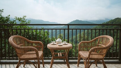 Obraz premium teapot set on table in the morning with mountain view at countryside home or homestay. Vacation, travel and trip concept