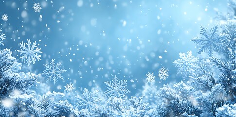 Snowflakes falling on frosted evergreen branches winter