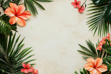 Tropical frame with vivid flowers and lush leaves. Template with exotic floral accents and vibrant greenery, background with copy space. For invitations, weddings, beach or garden celebration
