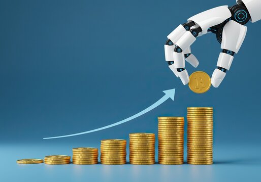 Robot hand adding bitcoin to a growing stack of gold coins