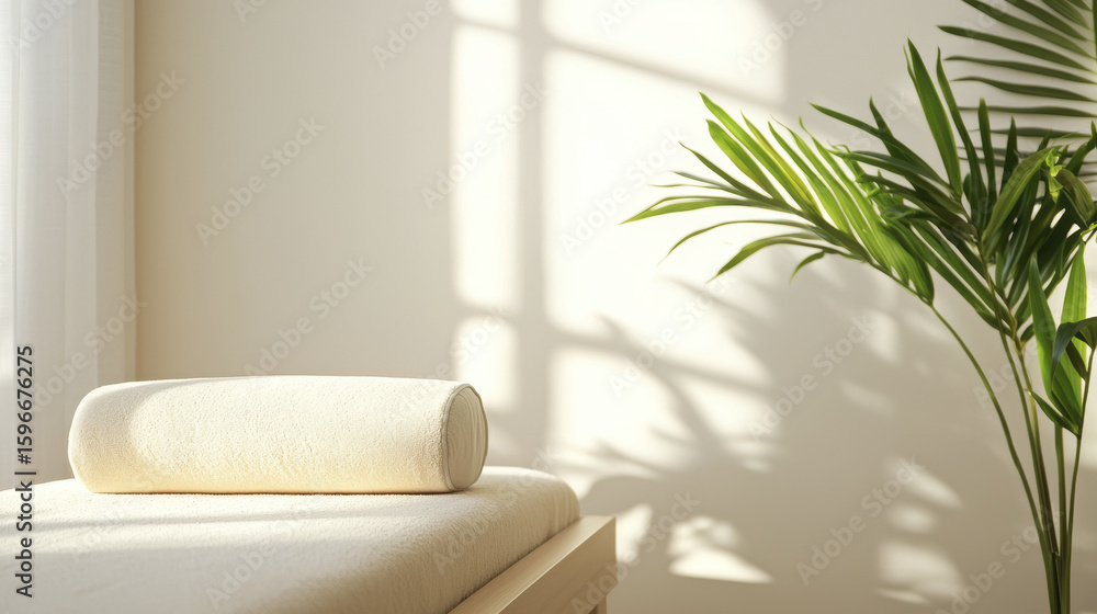 Poster serene spa setting featuring rolled towel on massage table, illuminated by soft sunlight, creating c