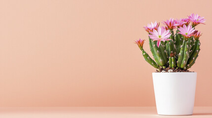 beautiful potted cactus with vibrant pink flowers against soft peach background, adding touch of nature and elegance to any space