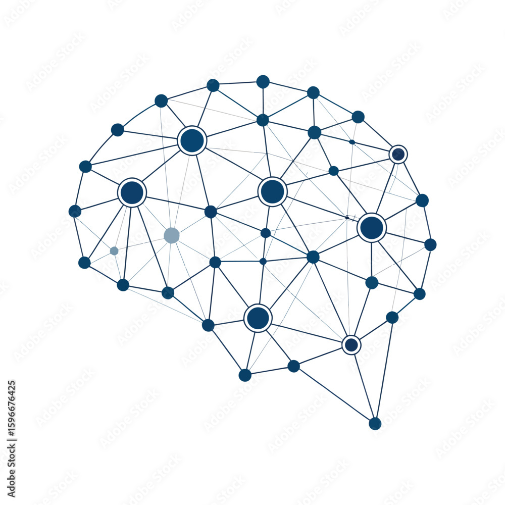 Poster digital brain network: an artistic depiction of a brain composed of interconnected nodes and lines, 